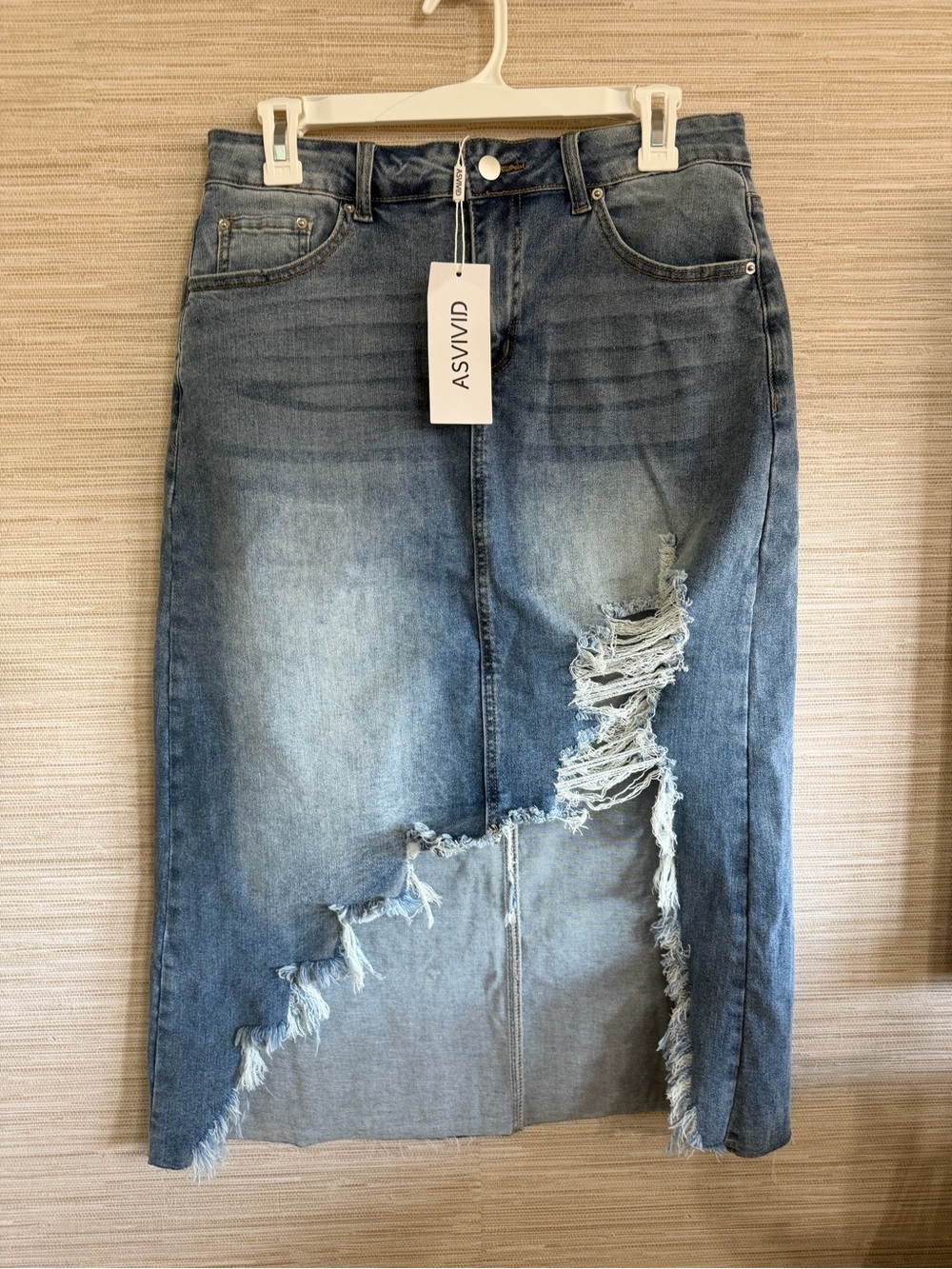 Asvivid asymmetrical frayed hem distressed denim skirt women's L festival